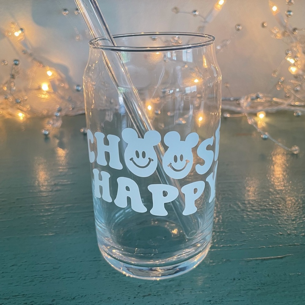Handmade 16oz glass with glass straw / choose happy 🙂